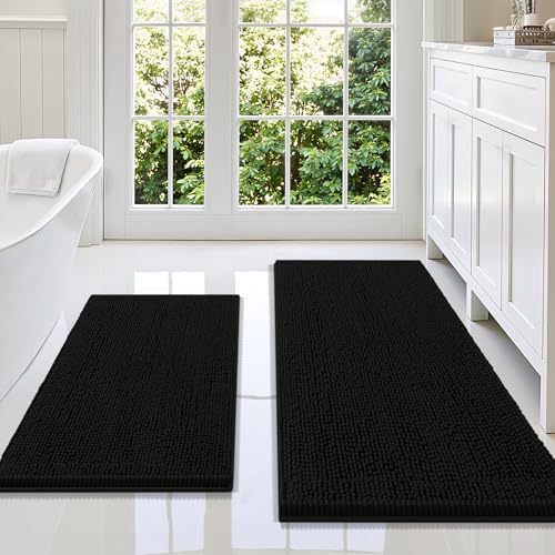 Smiry Bathroom Rugs Sets 2 Piece, Soft Absorbent Chenille Machine Washable Non Slip Shaggy Bath Rug Set for Tub, Shower, and Floor (47x20+30x20, Black) - color: Black, size: 47"x20"+30"x20"