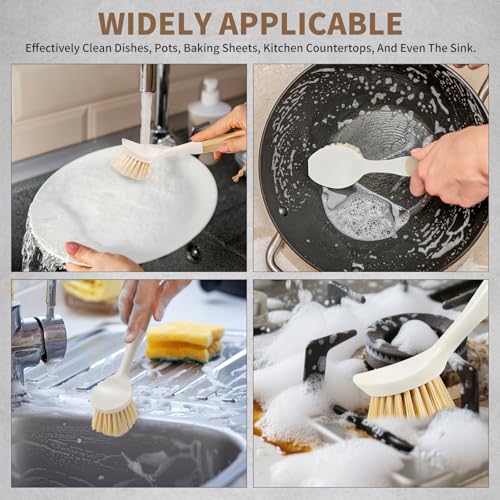 DEBETOOL Dish Brush with Built-in Scraper - 4 Pack Bamboo Dish Scrubber Brush with Handle, Kitchen Brushes for Dishes & Pots, Sink, Eco Cleaning Tool Set
