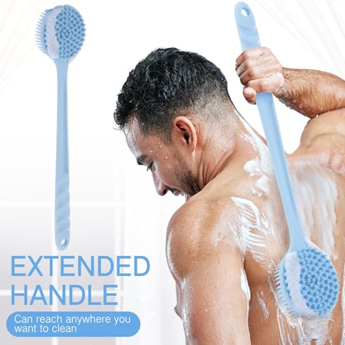 Sunnyray 2 Pack Silicone Back Scrubber for Shower with 15" Long Handle Double-Sided Bath Body Brush for Exfoliating Easy to Clean Quick Dry Deep Cleaning Lathers Well(Pink,Nordic Blue) - color: Pink,nordic Blue