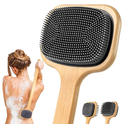 NURENDER Dual-Sided Back Scrubber for Shower, 21.65'' Long Handle Back Brush, Soft Silicone for Sensitive Skin, Dry Brushing & Back Cleansing, Dry Quickly Body Bath Brush for Men, Women, Elderly - size: 21.65 Inch