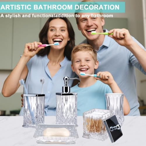 Bathroom Accessories Set,5 Pcs Clear Glass Bathroom Accessory Set,Complete Lotion Soap Dispenser,Toothbrush Holder, Soap Dish,Tumbler & Jar,Modern Bathroom Decor Sets Gift,Square - style: Square(Clear)