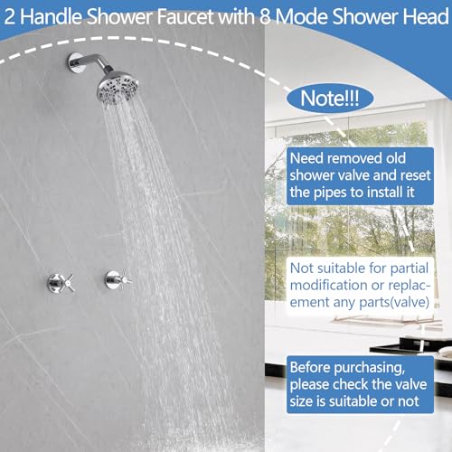 2 Handle Shower Faucet,Wall Mounted Two Handles Shower Faucet Set with 8 Modes Rainfall Shower Head,2 Knobs Single Function Shower Trim Kit with Rough-in Valve,Chrome - color: Chrome, style: 2 Handles-Single Function