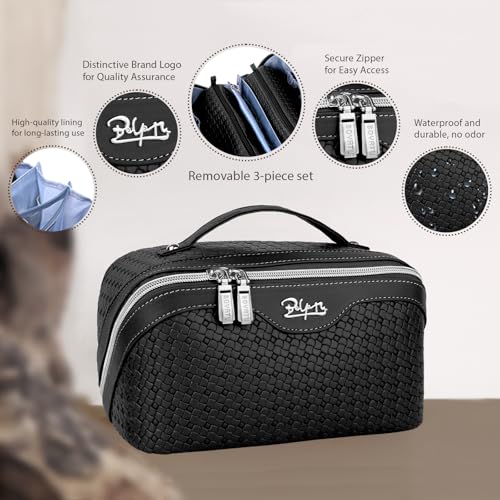 BOYATU Travel Makeup Bag Cosmetic Bags for Women: Large Capacity 3 Pcs Set Make up Bag with Compartments - Waterproof Vegan Leather Toiletry Organizer Bags with Handle (L15 Black) - color: L15 Black