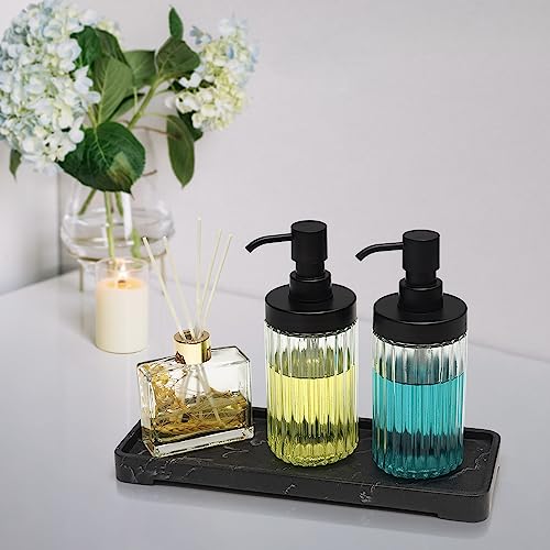2 Pack Ribbed Clear Glass Soap Dispenser Set, 14.3 OZ Wide Mouth Refillable Hand & Dish Soap Dispensers with Matte Black ABS Pump, 4 Waterproof Labels, Bathroom Countertop & Kitchen Sink - color: Clear-glass
