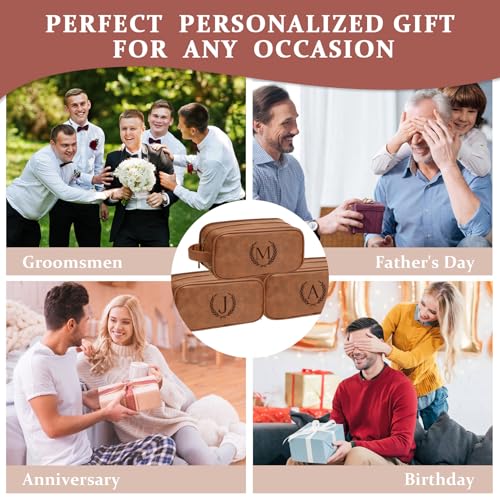 Travel Toiletry Bag For Mens PU Leather Engraved Initials (Yellow Brown H) | Personalized Gifts For Father Husband Groomsmen Birthday Waterproof Dopp Kit Bag Beach Travel Essentials Bathroom Organizer - color: Yellow Brown, style: H