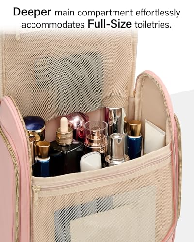 Hanke Hanging Travel Toiletry Bag for Men and Women, Water-Resistant Toiletries Bag Makeup Organizer with Hook, Cosmetic Bag for Bathroom & Travel Essentials Accessories, Pink - color: Pink