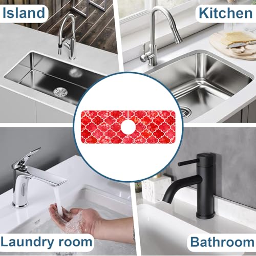 Watercolor Moroccan Marbled Kitchen Sink Splash Guard Faucet Mat Red Tiles Super Absorbent Fast Drying Mat Sink Splash Guard Behind Faucet for Kitchen Bathroom, 15.5"x5.5"