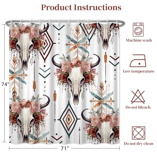 Fabric Shower Curtain with Hooks, Waterproof & Washable Polyester, Boho Western Aztec Cow Bull Skull Floral Shower Curtains for Bathroom, Retro Farmhouse Rustic Bathroom Curtain, 71x74 Inch - color: Boho Bull Skull