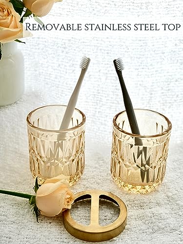 LaMarriti Clear Gold Bathroom Accessorries Set, 5Pcs Glass Bathroom Set, Soap Dispenser and Toothbrush Holder Set, Soap Dish, Tumbler, Q-Tips Holder Set for Modern Bathroom Sink, Cute Bathroom Decor - style: Clear Gold