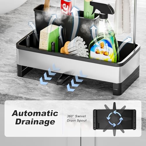 Ewaiira Sponge Holder for Kitchen Sink, Stainless Steel Sink Caddy with Brush Holder & Dishcloth Rack, Countertop Sink Organizer, Soap Dispenser Kitchen Organizers Storage Essentials (D-Black 9.8″) - color: D-black
