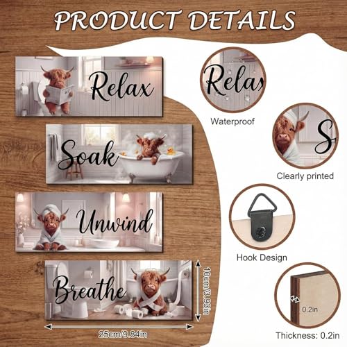 4Pcs Highland Cow Wooden Bathroom Wall Decor Funny Farmhouse Bathroom Decor Set Relax Soak Unwind Breathe Bathroom Wall Art Rustic Cute Animal Wooden Signs for Guest Bath Restroom & Powder Room - style: Highland Cow