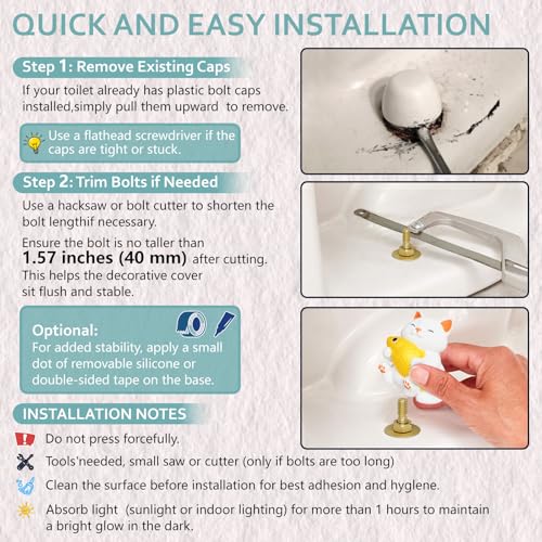boeemi Cat Toilet Bolt Covers Glow in the Dark Decorative Caps 2 Pack | Bolt Hole 1.14'', Covers Ugly Toilet Bolts, Fun Bathroom Decor for Cat Lovers, Glows in the Dark After Light Exposure - style: White Cat