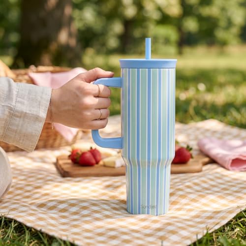 SANDJEST Stripe Stainless Steel Locking Lid Silicone Straw Tumbler with Handle 40oz, Insulated Stainless Steel Travel Cup for Women Girls Friends, Gift Idea for Birthday Summer Vacation (Blue Mint) - color: Blue Stripes