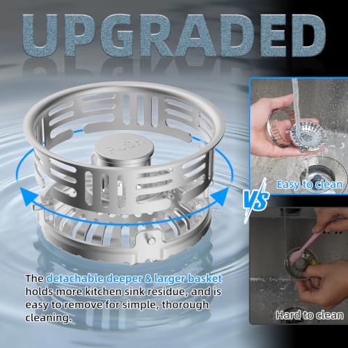 Hibbent Metal Kitchen Sink Drain Strainer and Stopper, Stainless Steel | Upgraded Universal 3 in 1 Pop Up Design, Detachable Larger Anti-Clog Basket, 3-Layer Seal Plug for Standard 3-1/2" Drain - color: Stainless Steel