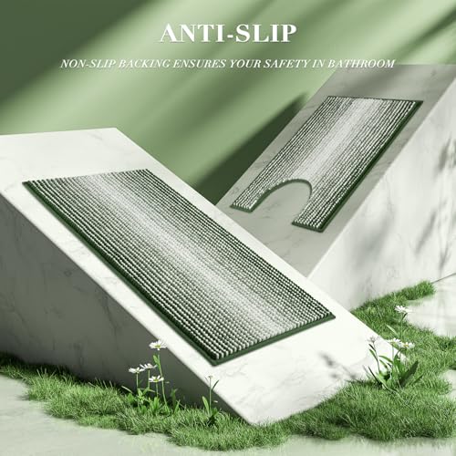 BSICPRO Bathroom Rugs Sets 3 Piece, Toilet Rugs U-Shaped Contour Bath Mat Set, Long Striped Absorbent Non Slip Chenille Shower Mat, Hunter Green - color: Hunter Green, size: 20"x47"+16"x24"+ U Shape 20"x24"