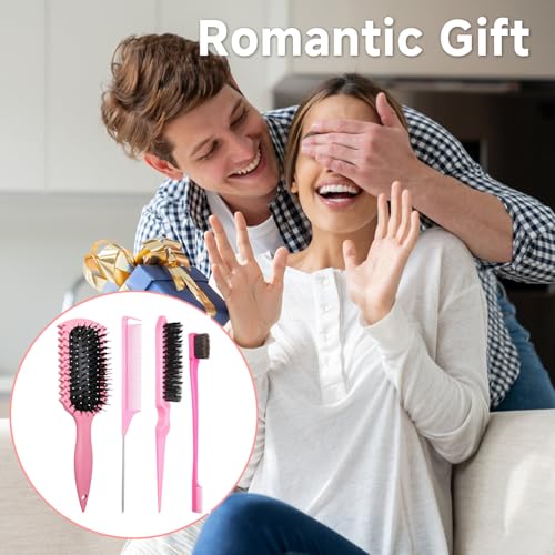 Brush, Curl Defining Brush with 3 Pcs Slick Back Hair Set Bristle Edge Control Teasing Comb, For Combing and Shaping in All Hairstyles to Reduce Pulling (Pink) - color: Pink