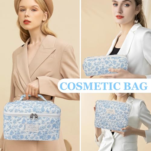 Gosect 3pc Makeup Bag Set, Quilted Makeup Bag Set, Large Floral Cosmetic Bag for Women, Cute Cotton Makeup Bags, Flower Travel Toiletry Organizer Bag (Pink Cherry Flowers) - color: Red Cherry