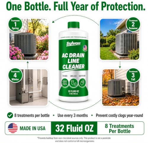 AC Drain Line Cleaner 32 Oz | 12 Month Supply | Made in USA | Universal Compatibility | Removes Clogs and Buildup from HVAC Condensate Lines | Air Conditioner Unclogger - size: 1x 32 Oz + Drain Snake