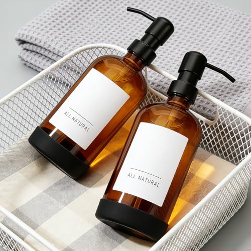 16oz Amber Glass Soap Dispenser Set of 4,Brown Glass Pump Bottles for Bathroom Kitchen,Bathroom Kitchen Hand and Dish Soap Dispenser Set,Modern Brown Soap Dispensers Bottles