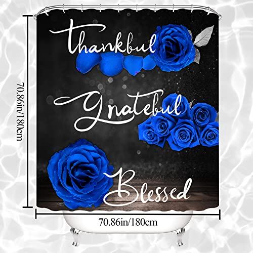 4Pcs Blue Rose Shower Curtain Set, Thankful Grateful Blessed Bathroom Curtain with Non-Slip Rug, Toilet Lid Cover, Bath Mat and 12 Hooks, Romantic Royal Blue Floral Wedding Decor for Bath, 72 x 72 in - color: Blue