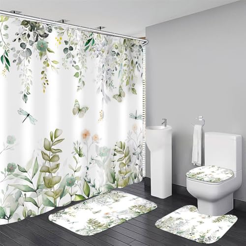 DDQQ 4Pcs Spring Shower Curtain Set Dragonfly Butterflies Bathroom Sets with Rugs, Green Leaf Flower Bathroom Shower Curtain Set with Carpet Bath Mat Toilet Rugs - color: Light Green