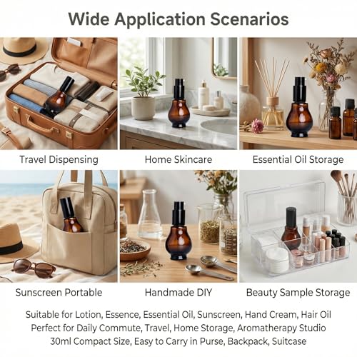 3 Pcs 30ml 1oz Amber Glass Travel Bottles for Toiletries Leakproof Cosmetic Cream Pump Bottles Lotion Dispenser Bottle Soap Dispenser with Black Pump for Essential Oil Cream Lotion Shampoo