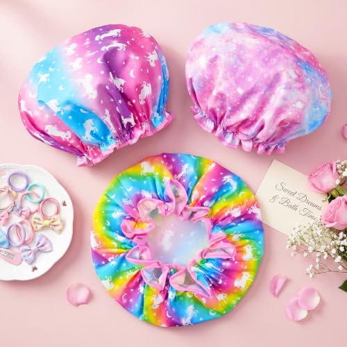 Olypegic Kids Shower Cap, 3 Pcs Girls Shower Cap for Kids Reusable Waterproof Adjustable Large Hair Cap Unicorn Mermaid Rainbow Cute Hair Cover Hat - color: Rainbow