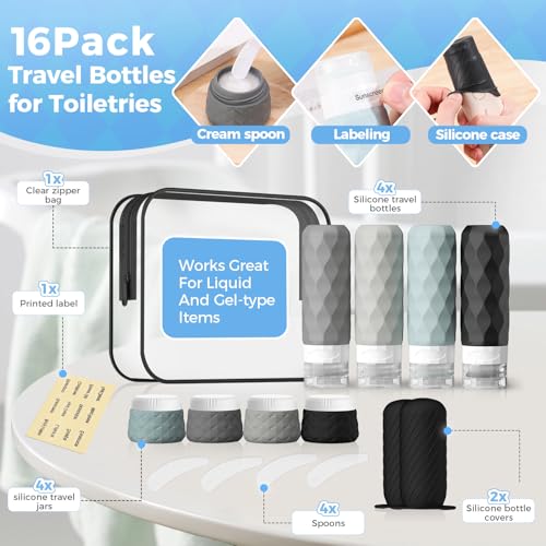 16Pack Travel Bottles for Toiletries, TSA Approved Travel Size Toiletries Containers Set, Silicone Leak Proof Refillable Bottles Elastic Sleeves Creams Jars Accessories Kit W/Clear Bag (Gray) - color: Gray
