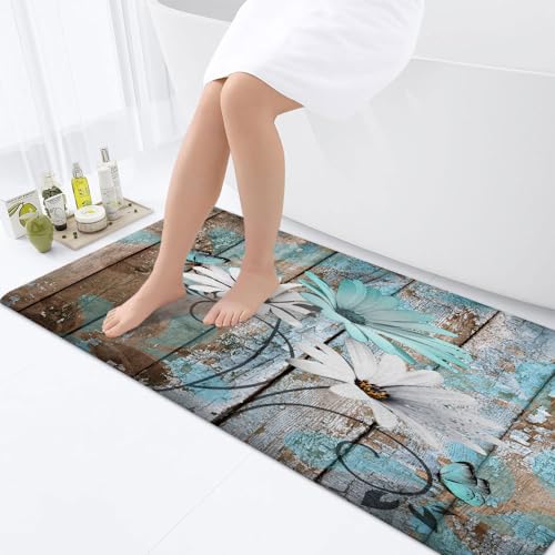 Farmhouse Floral Flower Bath Mat, Teal Daisy Rustic Wooden Plank Country Barn Wood Turquoise Blue Non-Slip Flannel Soft Doormat Floor Entryways Outdoor Indoor Front Door Mat, 16x48 - color: Teal-01, size: 1'4" x 4' (Rectangular)