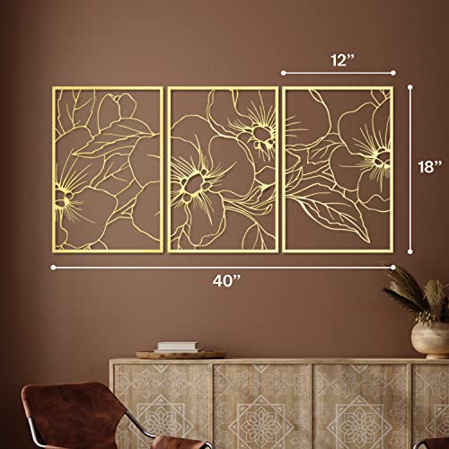 Vivegate Gold Minimalist Floral Single Line Metal Wall Art Decor - 18"X12" 3 Packs Gold Floral Abstract Minimalist Lines Wall signs for Hanging home wall decor - color: Gold