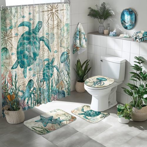 Tatuo 8 Pcs Sea Turtle Shower Curtain Set Summer Ocean Theme Bathroom Accessories Sets Decor Sea Animal Nautical Coastal Waterproof Shower Curtain with Towels Carpet Bath Mat Toilet Rugs and 12 Hooks - style: Sea Animal