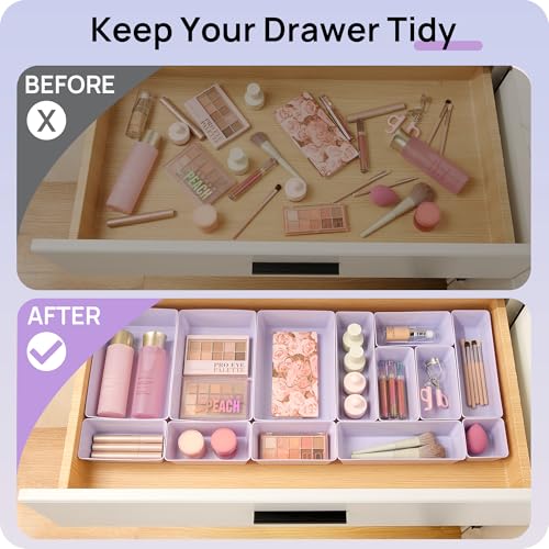 Vtopmart 25 PCS Plastic Drawer Organizers Set, 4-Size Versatile Bathroom and Vanity Drawer Organizer Trays, Storage Bins for Makeup, Bedroom, Kitchen Gadgets Utensils and Office - color: Lilac