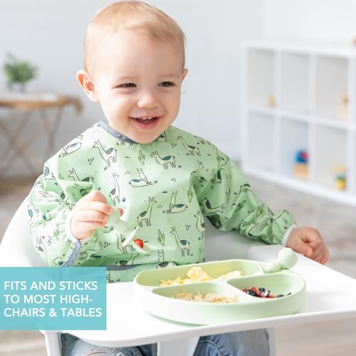 Bumkins Toddler and Baby Suction Plate, Divided Grip Dish for Babies and Kids, Baby Led Weaning, Feeding Supplies, Sticks to Tables and Highchairs, Platinum Silicone, for Chidren 6 Months, Sage - color: C3 Sage-GD