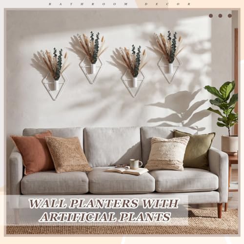 Jexine 4 Pcs Hanging Planters with Artificial Pampas White Metal Hanging Vase Indoor Plants Holder Modern Geometric Boho Bathroom Wall Decor for Living Room Home Office - color: White, size: Pampas
