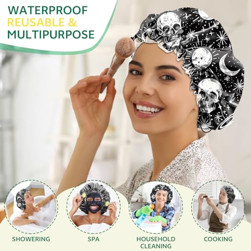 2 PCS Shower Cap Waterproof Double Layer Elastic Adjustable Reusable Hair Bath Caps for Girls Women Cute Aesthetic-Black Grey - color: G17-Black Grey