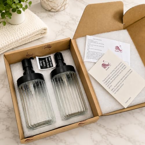 2 Pack Ribbed Clear Glass Soap Dispenser Set, 14.3 OZ Wide Mouth Refillable Hand & Dish Soap Dispensers with Matte Black ABS Pump, 4 Waterproof Labels, Bathroom Countertop & Kitchen Sink - color: Clear-glass