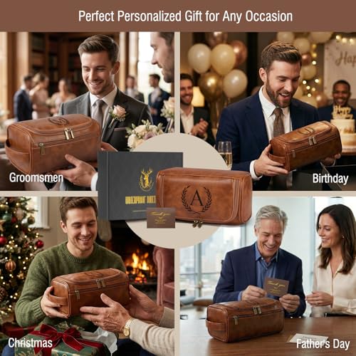 Travel Toiletry Bag Hanging For Mens PU Leather - Yellow Brown (Initial D) | Waterproof Dopp Kit Bag Beach Travel Essentials Bathroom Organizer, Personalized Gifts For Father Husband Groomsmen Birthday - color: Yellow Brown, style: D