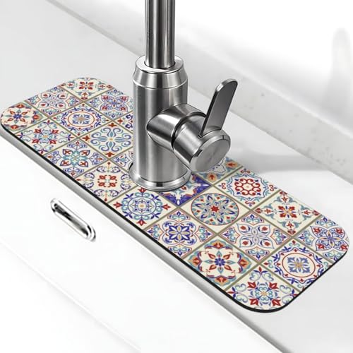 Aquamarine Blue Mexican Tiles 15" X 5.5" Kitchen Sink Splash Guard Faucet Faucet Guard Draining Mat Sink Splash Guard Faucet Kitchen Bathroom - color: Aquamarine Blue Mexican Tiles