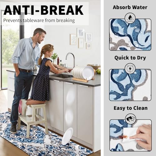 Boho Blue Kitchen Floor Mat Set 2 Piece 17"x47"+17"x30", Vintage Floral Kitchen Runner Farmhouse Blue and White Non Slip Washable Laundry Rug for Doorway Bathroom Decoration - color: Boho Blue