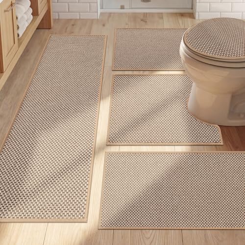 YIHOUSE Thin Bath Mat Khaki Bathroom Rugs Sets 5 Pieces, Non Slip Absorbent Bath Mats Quick Dry, Woven Braided Rugs Washable, Rubber Tapetes para Baño for Bathroom Toliet,Bathtub - color: Khaki, size: 5Pieces