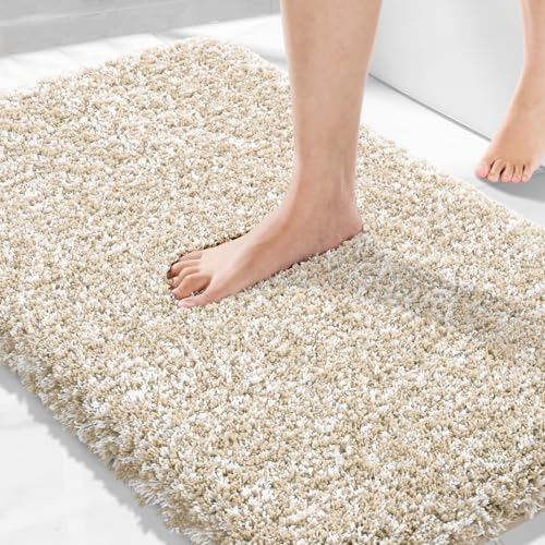 Yimobra Bathroom Rugs Non Slip Washable 36X24, Ultra Soft and Water Absorbent Bath Mats, Plush Fluffy Shower Mat Outside, Luxury Microfiber Thick Matts for Bathroom Floor/Tub, Light Beige and White - color: Light Beige and White, size: 36" X 24"