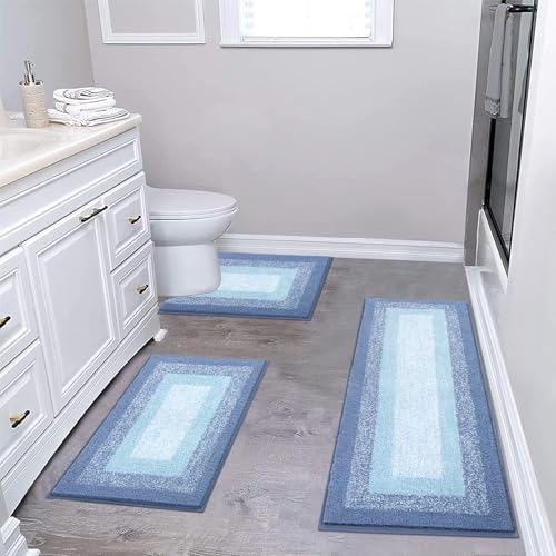 Bsmathom Microfiber Bathroom Rugs Sets 3 Piece, Non-Slip Absorbent Bath Mats, Soft Shaggy Bathroom Rugs with U-Shaped Toilet Rug Machine Washable Bath Rugs, Light Blue - color: Light Blue, size: 18"x26"+18"x48"+U Shape 20"x24"