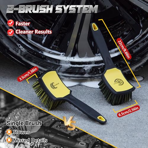 BMLEI Wheel & Tire Brush Set, 2 Pack Car Wheel Brush & Tire Cleaner Brushes, Soft Bristle Rim Brush and Stiff Tire Scrub Brush, Scratch-Free Wheel Cleaning Kit for Car Detailing, Trucks, SUVs - color: Yellow&black