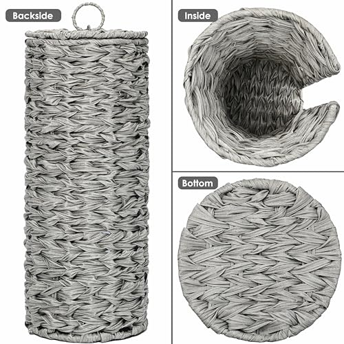 4 Mega Rolls Extra Toilet Paper Storage with Lid, Waterproof Plastic Wicker Toilet Paper Holder Basket Stand, Decorative Boho Covered Enclosed Toilet Tissue Organizer for Bathroom, Grey