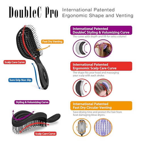 NuWay® DoubleC® Pro Professional Detangling Hair Brush – Patented Double Curve Scalp Care Brush for Gentle Detangling, Blow-Dry Styling & Wet or Dry Hair (Iron Black) - color: Iron Black