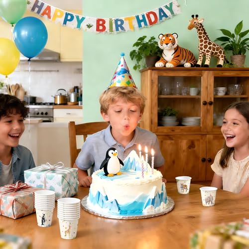 WRAPAHOLIC 3oz Paper Cups - 100 Pack Disposable Bathroom Cups with Birthday Giraffe, Penguin, Tiger and Elephant Design, Small Mouthwash Cup for Toothbrush Rinse, Home and Animal Birthday Party - color: Colorful Animal 4 Design