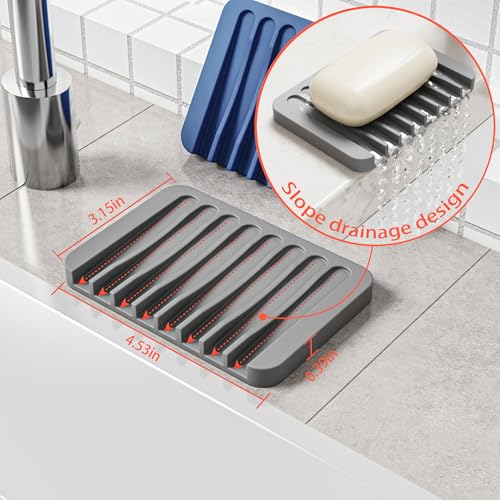 4-Pack Self Draining Soap Dish for Shower Bathroom Waterfall Silicone Soap Saver Tray Sponge Holder for Kitchen Sink Non-Slip Easy Clean Blue - color: Blue