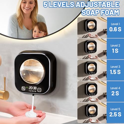 Automatic Soap Dispenser, 320ML Touchless Smart Hand Soap Dispenser, 5 Adjustable Soap Levels, Rechargeable Wall Mounted Electric Foam Soap Dispenser for Bathroom Kitchen Office (Black) - color: Black