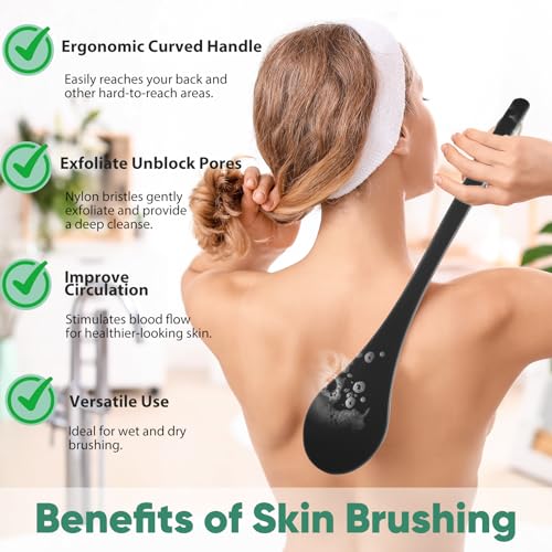 Back Scrubber for Shower, 17-Inch Shower Brush for Men and Women, Long Handle Exfoliating Body Brush, Medium Bristle Stiffness for Dry or Wet Brushing (Black) - size: 17 in - Black