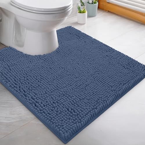 LuxUrux U-Shaped Toilet Bath Mat – Absorbent & Non-Slip Contoured Rug for Toilet Base, Plush Chenille, Machine Washable (20 x 20 inch, Medium Blue) - color: Medium Blue, size: 20'' X 20'' U